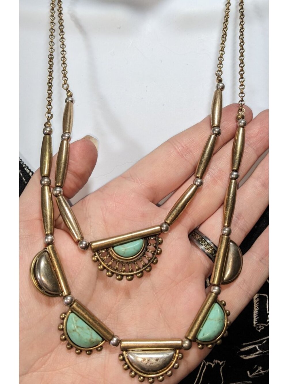 Southwestern Boho Turquoise Style Half Moon Bronze Tone Statement Necklace